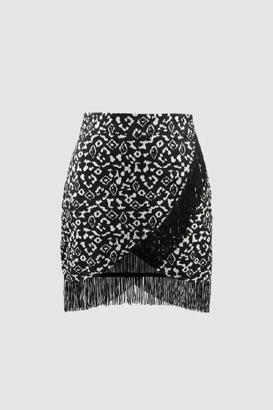 Vintage skirts for retro-inspired fashion vibes -Printed Fringe Hem Wrap Mini Skirt