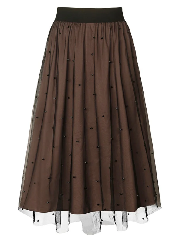 Ruffled skirts for feminine playful charm -Brown Skirt Women Pearl Beaded Mesh Overlay A-Line Elastic Waist Layered Midi Skirt