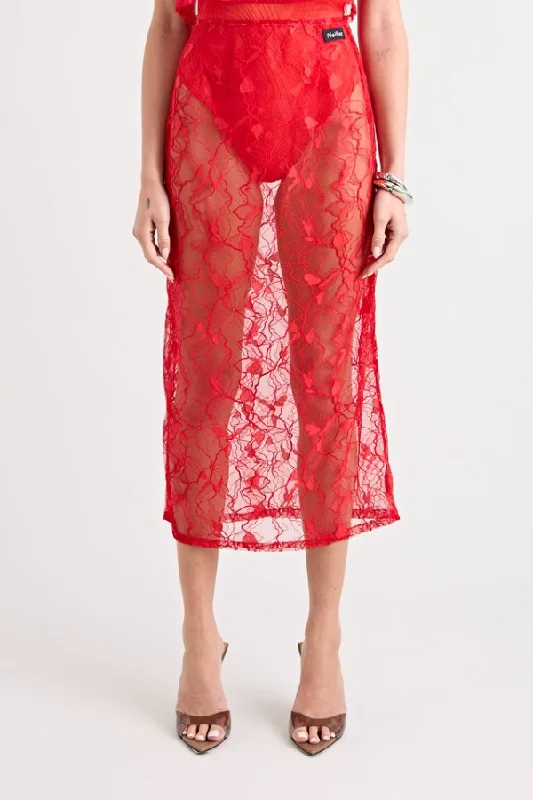 Luxury satin skirts for evening event elegance -Astrid Lace Skirt Red