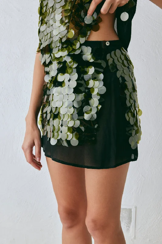 Luxury skirts with intricate embroidery accents -Anok Sequin Mini Skirt Olive