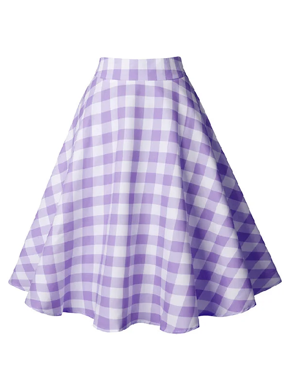 Bold skirts with metallic shimmer finish -Women's Fashion Vintage Cotton Plaid High Waist Ruffle Swing Midi Skirt Purple Skirt