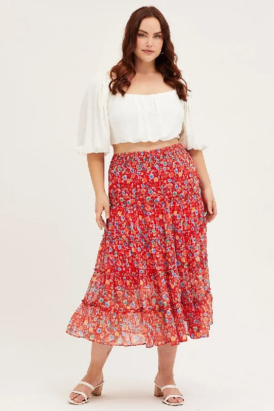 Leather Long Skirts for Luxury -Floral Print Maxi Skirt Elastic Waist