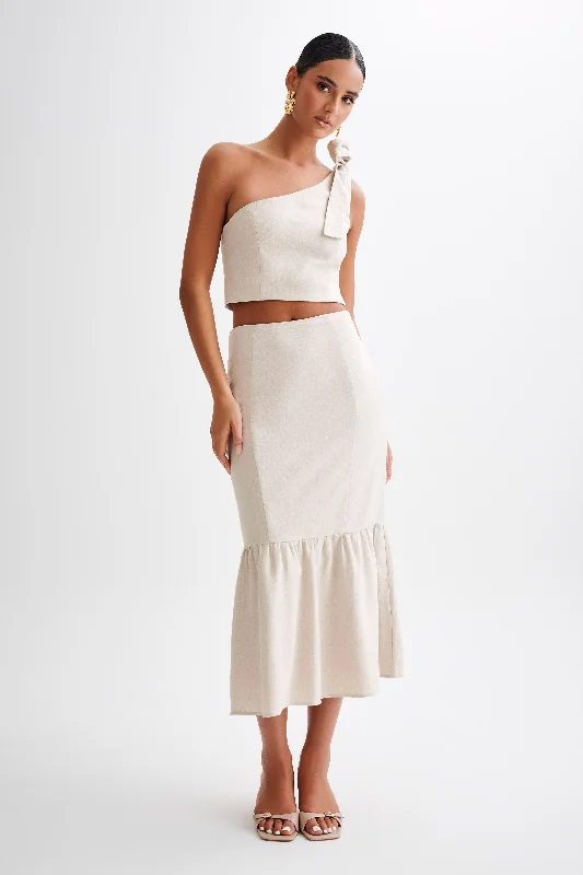 Lightweight linen skirts for breathable wear -Venezia Linen Midi Skirt With Ruffle - Natural