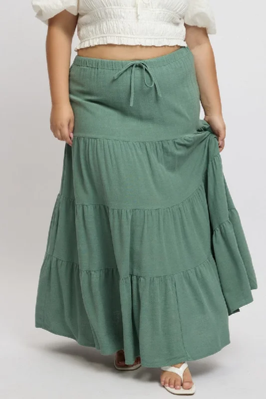 Bohemian Long Skirts with Tassels -Green Elastic Waist Tiered Linen Blend Maxiskirt