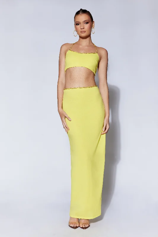 Trendy skirts with asymmetrical hem lines -Sweeney Diamante Maxi Skirt With Split - Chartreuse