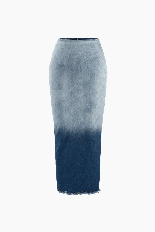 Classic skirts with subtle texture weave -Ombre Frayed Slit Denim Maxi Skirt