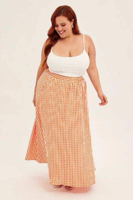 Green Long Skirts for Nature -Orange Check Midi Skirt High Waist Elaticated Waist