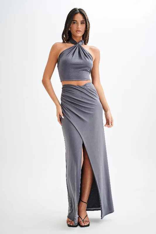 Designer skirts with premium fabric finish -Bronwyn Slinky Ruched Maxi Skirt With Split - Charcoal