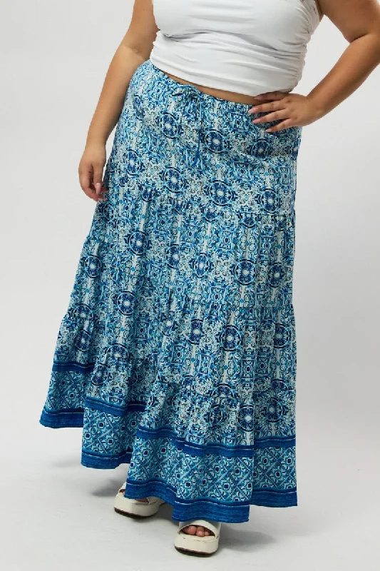 Minimalist Long Skirts for Simplicity -Blue Boho Elastic Waist Border Print Tiered Maxiskirt