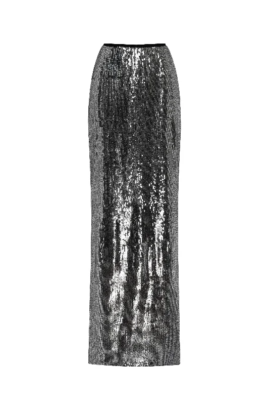 Patterned skirts with bold stripe accents -Dramatic fitted sequined gray maxi skirt