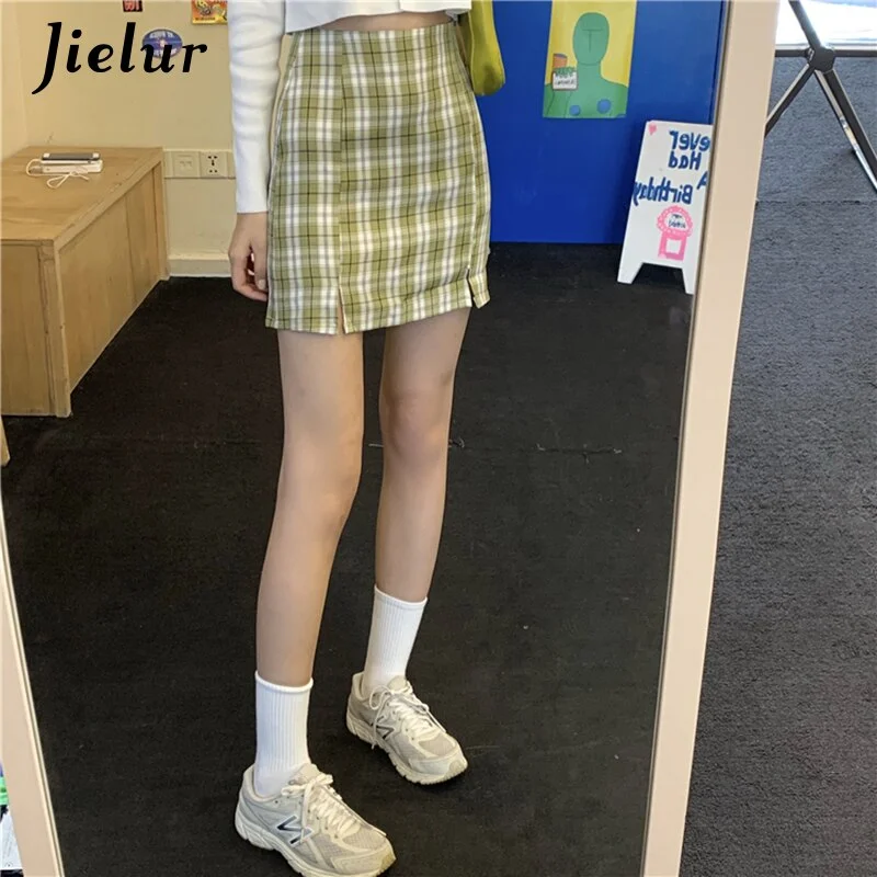 Printed Short Skirts with Patterns -Jielur Plaid Summer Skirt 2020 New Jupe Femme Slim Skirt High Waist Mini Skirts Womens Split Blue Chic Skirt S-L