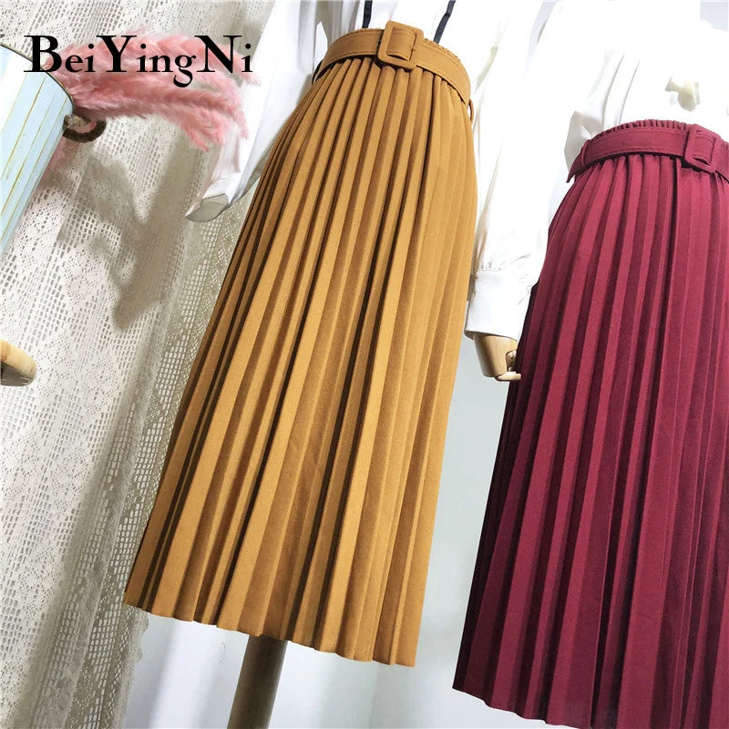 A-line Long Skirts for Flattering -Beiyingni High Waist Women Skirt Casual Vintage Solid Belted Pleated Midi Skirts Lady 11 Colors Fashion Simple Saia Mujer Faldas