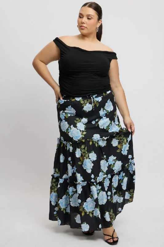 Vintage Long Skirts for Nostalgia -Black Floral Elastic Waist Tiered Maxiskirt