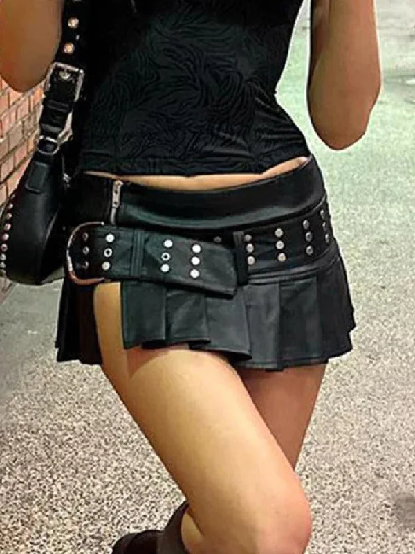 A-line skirts for classic wardrobe essentials -Punk Rivet Belted Pleated Slit Leather Mini Skirt