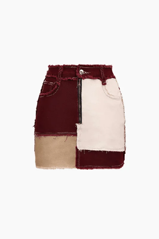 Soft cotton skirts for sensitive skin ease -Patchwork Frayed Mini Skirt