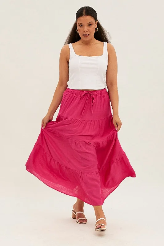 White Long Skirts for Pure -Pink Maxi Skirt High Waist Tiered