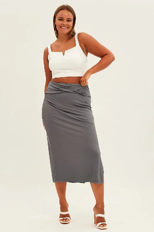 Nylon Short Skirts for Stretch -Grey Midi Skirt High Rise Pencil Ribbed