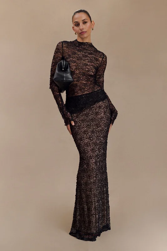 Bold leather skirts for daring fashion statements -Robyn Sheer Lace Maxi Skirt - Black