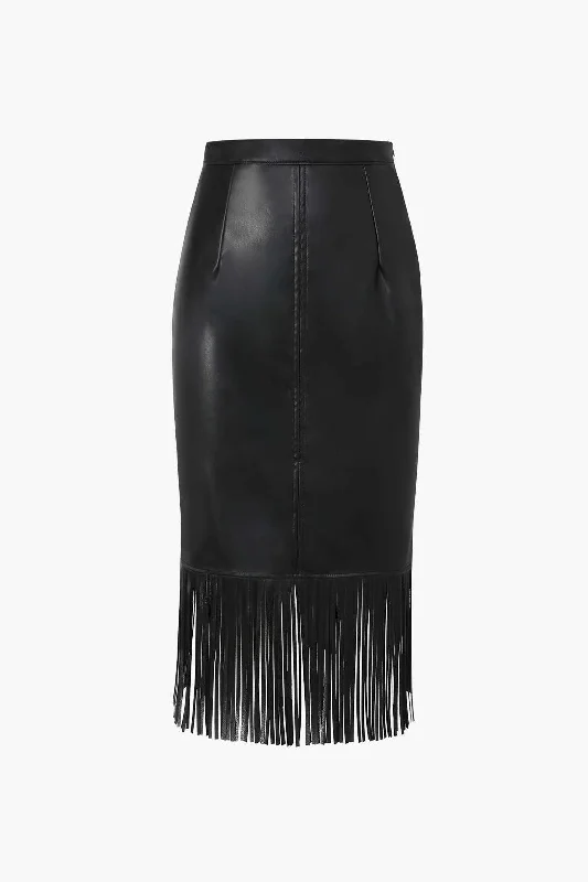 Affordable skirts for budget-friendly wardrobe updates -Fringe Hem Faux Leather Midi Skirt