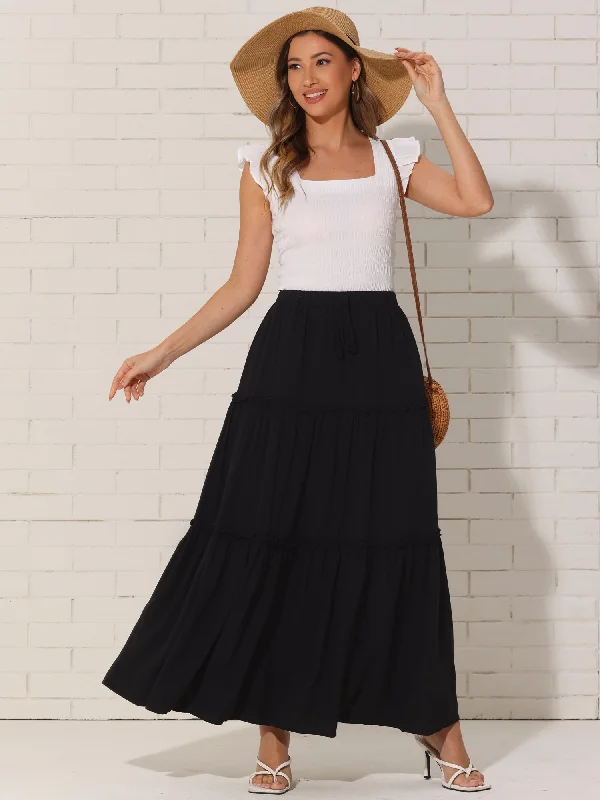 Long Skirts for Wedding Ceremony -Elastic High Waist Ruched Tiered A-Line Maxi Skirts