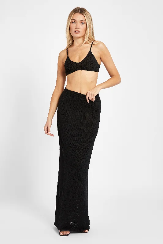 Trendy skirts with asymmetrical hem lines -Crochet Knit Maxi Skirt - Black