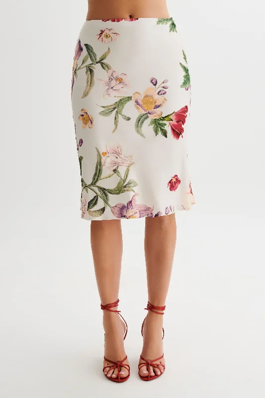 Classic skirts with simple clean lines -Allegra Satin Knee Length Skirt - Bella Rosa Print