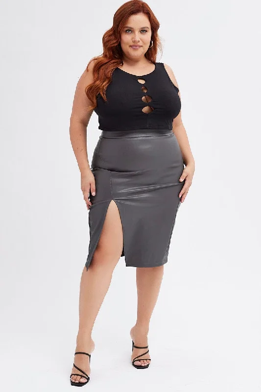 Leather Short Skirts for Edgy -Grey Split Skirt Midi Faux Leather