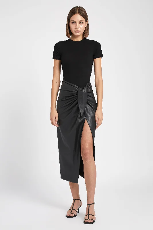 Ruffled maxi skirts for boho summer flair -Leather Wrap Midi Skirt - Black