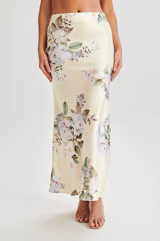 Patterned skirts with geometric print edge -Karley Floral Satin Midi Skirt - Lemon Floral Print