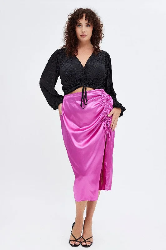 Silk Short Skirts for Luxurious -Pink Midi Skirt Drawstring Satin Split