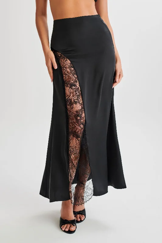 Wrap skirts for adjustable stylish fit -Luella Satin Lace Maxi Skirt - Black