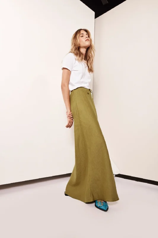 Ruffled skirts for soft romantic appeal -Aki Linen Maxi Skirt Olive