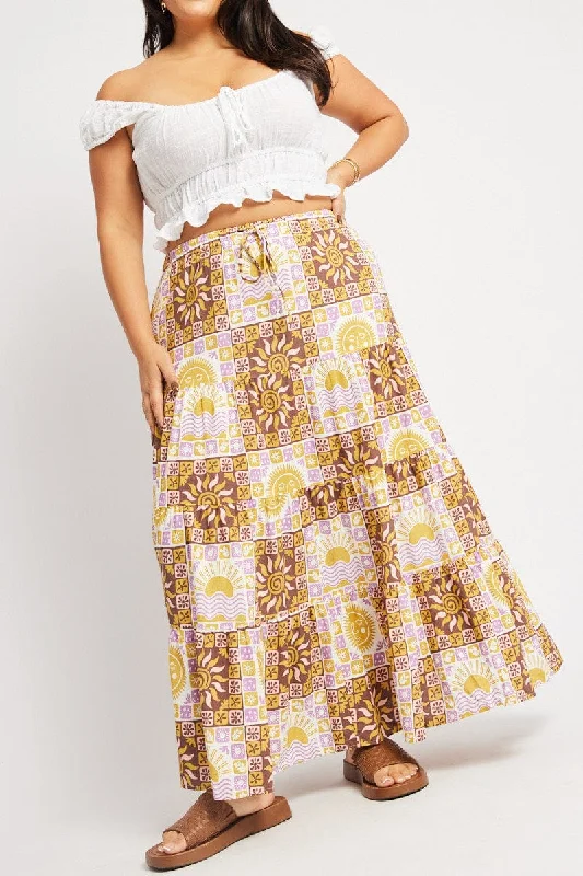 Silk Long Skirts for Luxurious -Beige Abstract Tiered Maxi Skirt