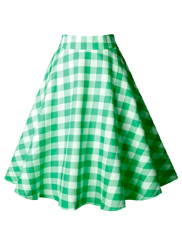 High-waisted skirts with button front detail -Women's Fashion Vintage Cotton Plaid Ruffle High Waist Swing Midi Skirt Green Skirt