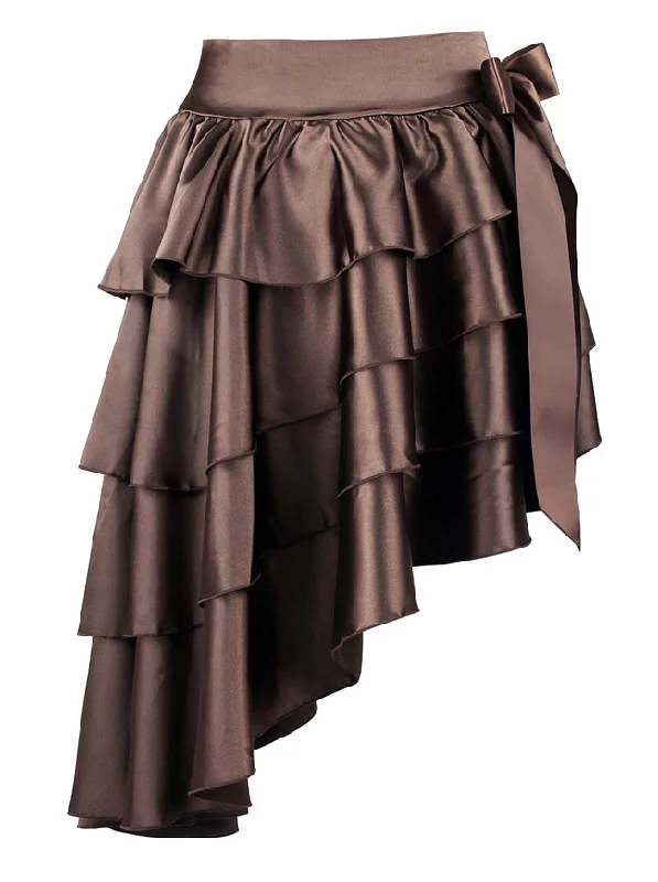 Ruffled midi skirts for delicate feminine touch -Womens Steampunk Skirt Brown Satin High-low Ruffles Dancing Party Skirt