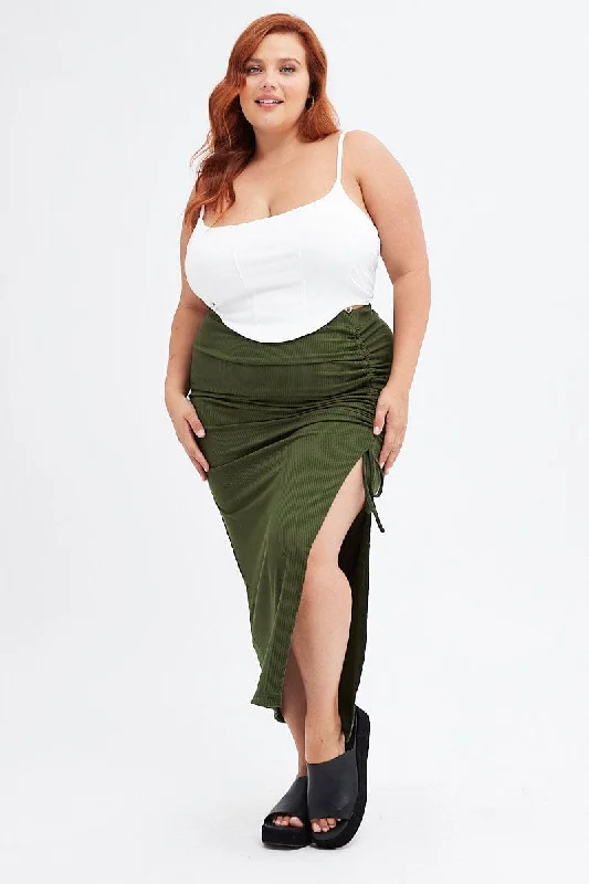 Black Short Skirts for Versatile -Green Rib Jersey Side Gathering Midi Skirt