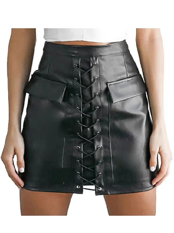 Durable denim skirts for rugged daily wear -Women's Steampunk Faux Leather High Waist Lace Up Bodycon A-line Mini Skirt