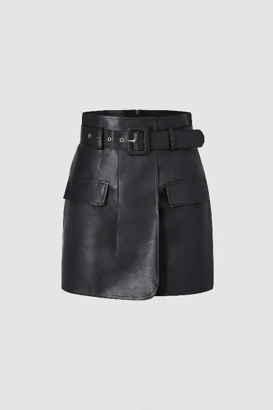 Flowy skirts for relaxed vacation wear -Faux Leather A-line Mini Skirt With Belt