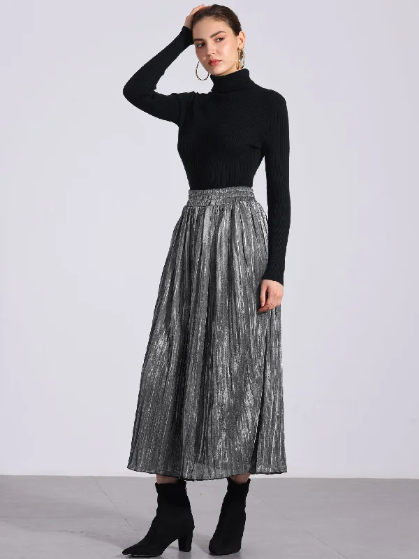 African Long Skirts with Culture -Metallic Shiny Glitter High Waist Flared Plaeted Midi Skirts