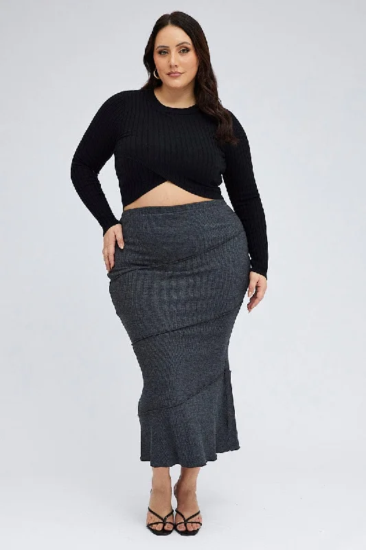 Layered Short Skirts for Fun -Grey Maxi Skirt Asymmetrical Rib