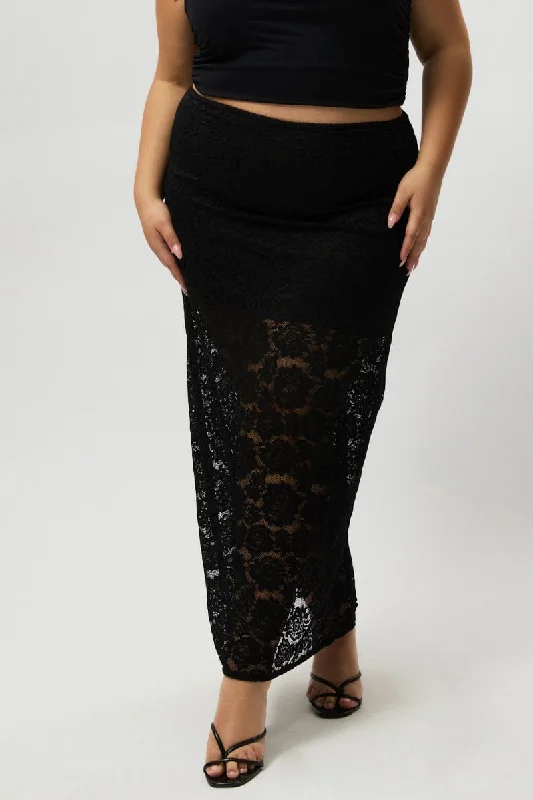 Retro Long Skirts for Throwback -Black Stretch Lace Maxi Skirt