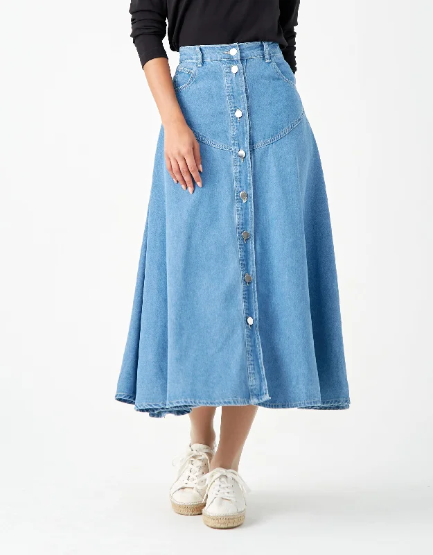 Long Skirts for Bridesmaids -33" Western Stud Button Skirt Medium Blue Denim