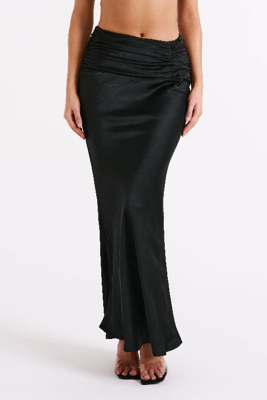 Affordable skirts for simple daily outfits -Khalani Ruched Satin Maxi Skirt - Black