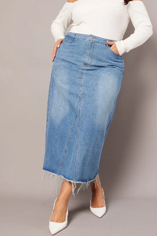 High-waisted Long Skirts for Shape -Denim Distressed Denim V Front Maxi Skirt