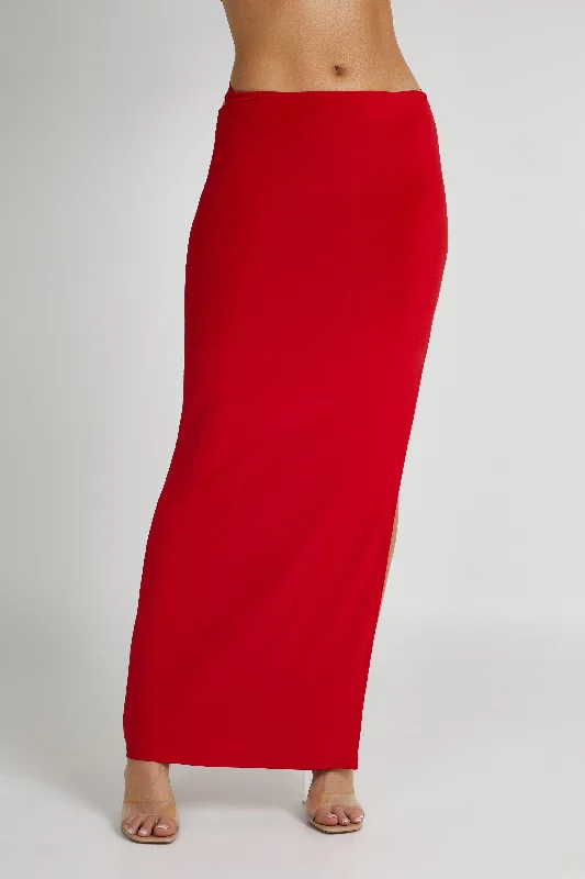 Trendy skirts with bold plaid patterns -Jeanine Cowl Back Maxi Skirt - Red