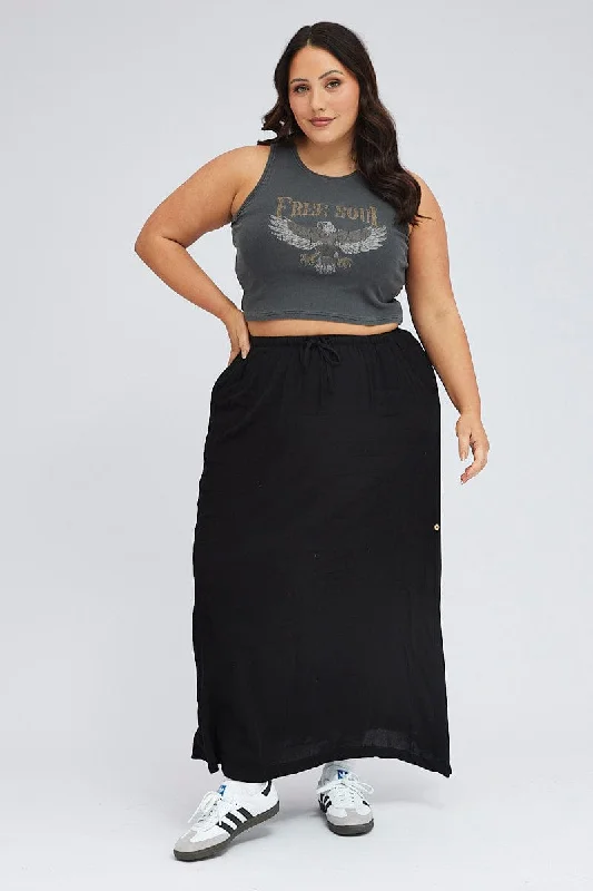 Floral Long Skirts for Romantic -Black Maxi Skirt Long Side Tab Adjustable