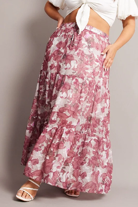 Layered Long Skirts for Volume -Pink Floral Elastic Waist Chiffon Maxi Skirt