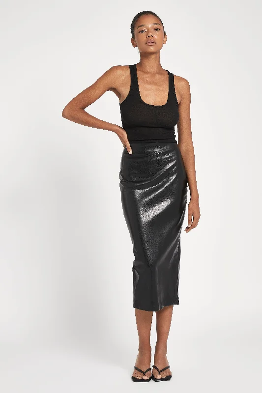 Affordable skirts with trendy slit details -Leather Pencil Midi Skirt - Black