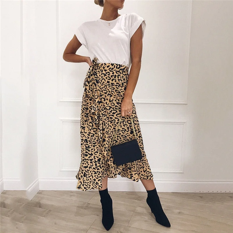 Maxi Long Skirts for Elegance -Hot Summer Sexy Women Lace Up Skirts Fashion High Waist Ruffles Loose Slim Long Wrap Skirt Ladies Leopard Beach Clothing Female