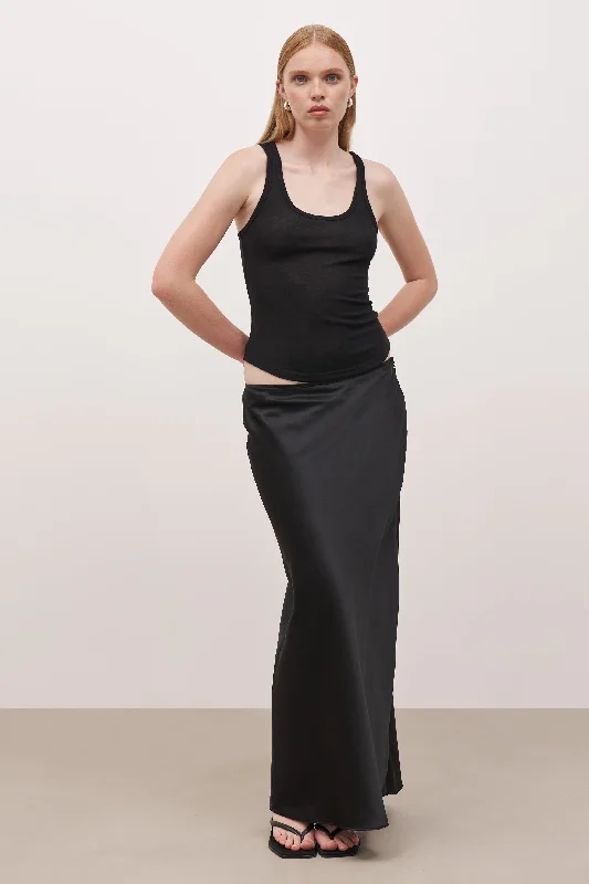 Classic skirts with simple clean lines -Satin Mid Rise Maxi Skirt - Black